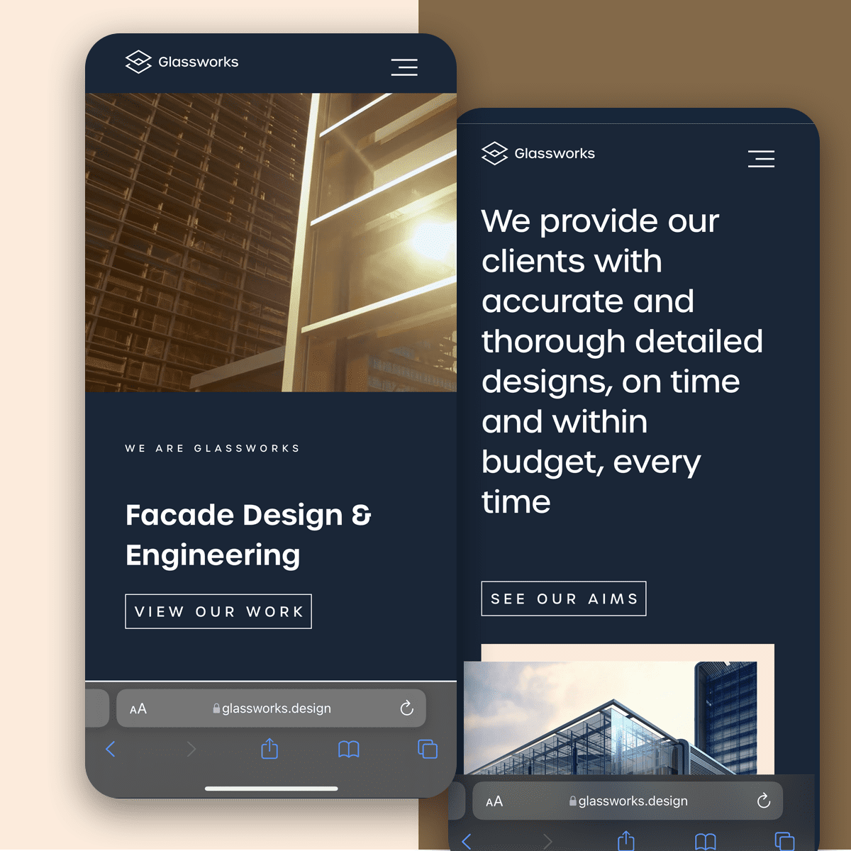 Mobile web design layouts from Glasswork's rebranded website